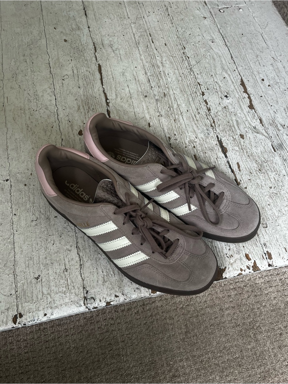 adidas women’s Suede Sneakers in Taupe, White & Pink Accents - Picture 2 of 6